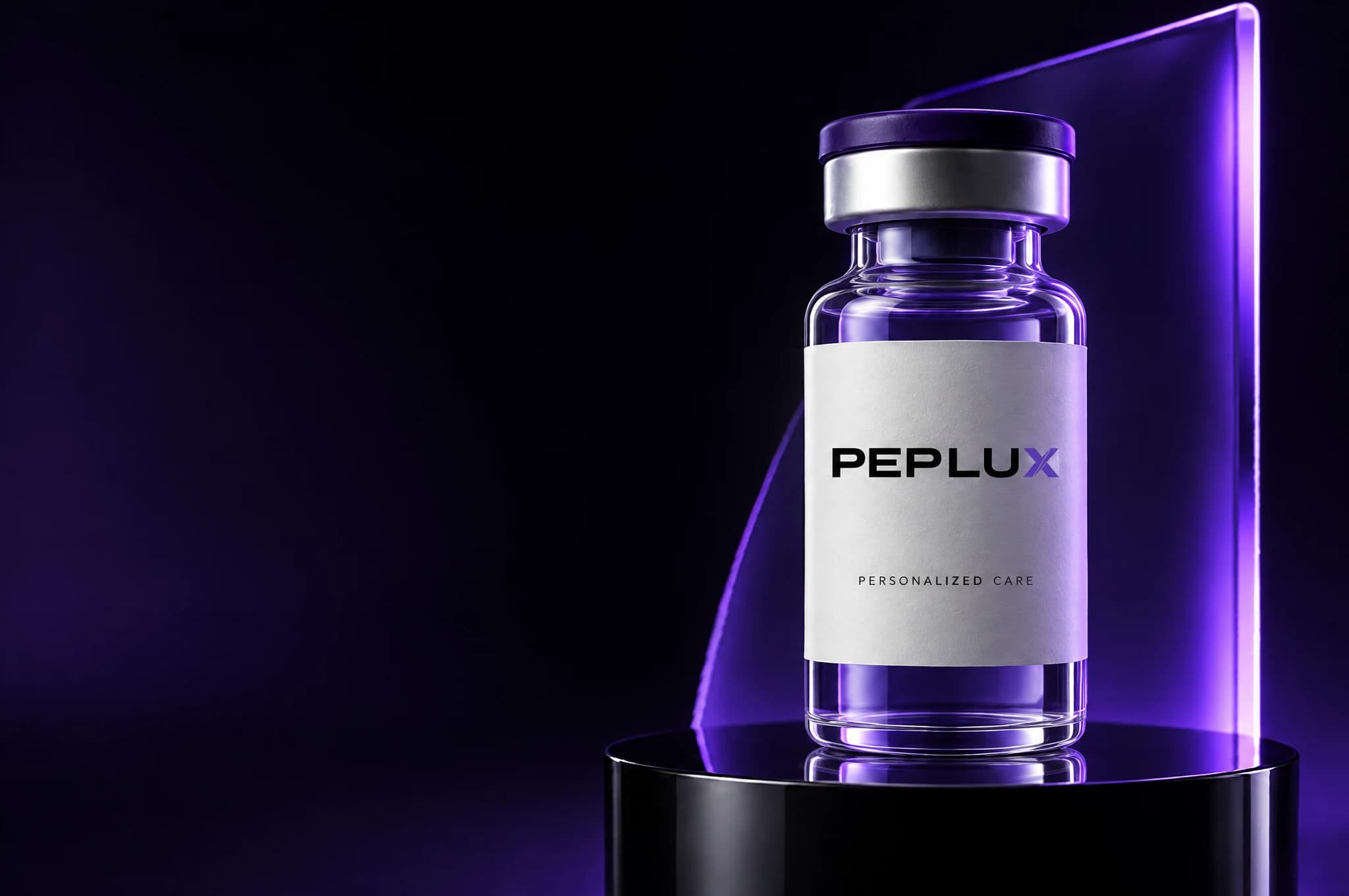 Illustrative PEPLUX product vial in a purple-lit studio